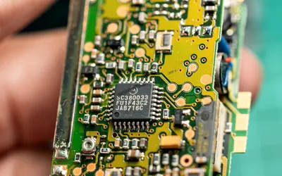 Geöffneter Funkschlüssel: Platine mit Chip und Batteriekontakt zwischen zwei Fingern
